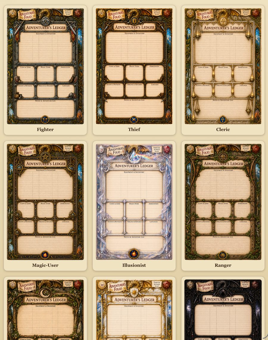 A gallery of class ledger pages, each painted for its own class.