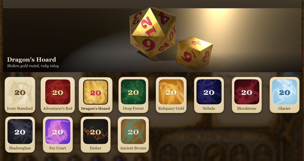The dice-set gallery, showing many different collector-grade dice sets.