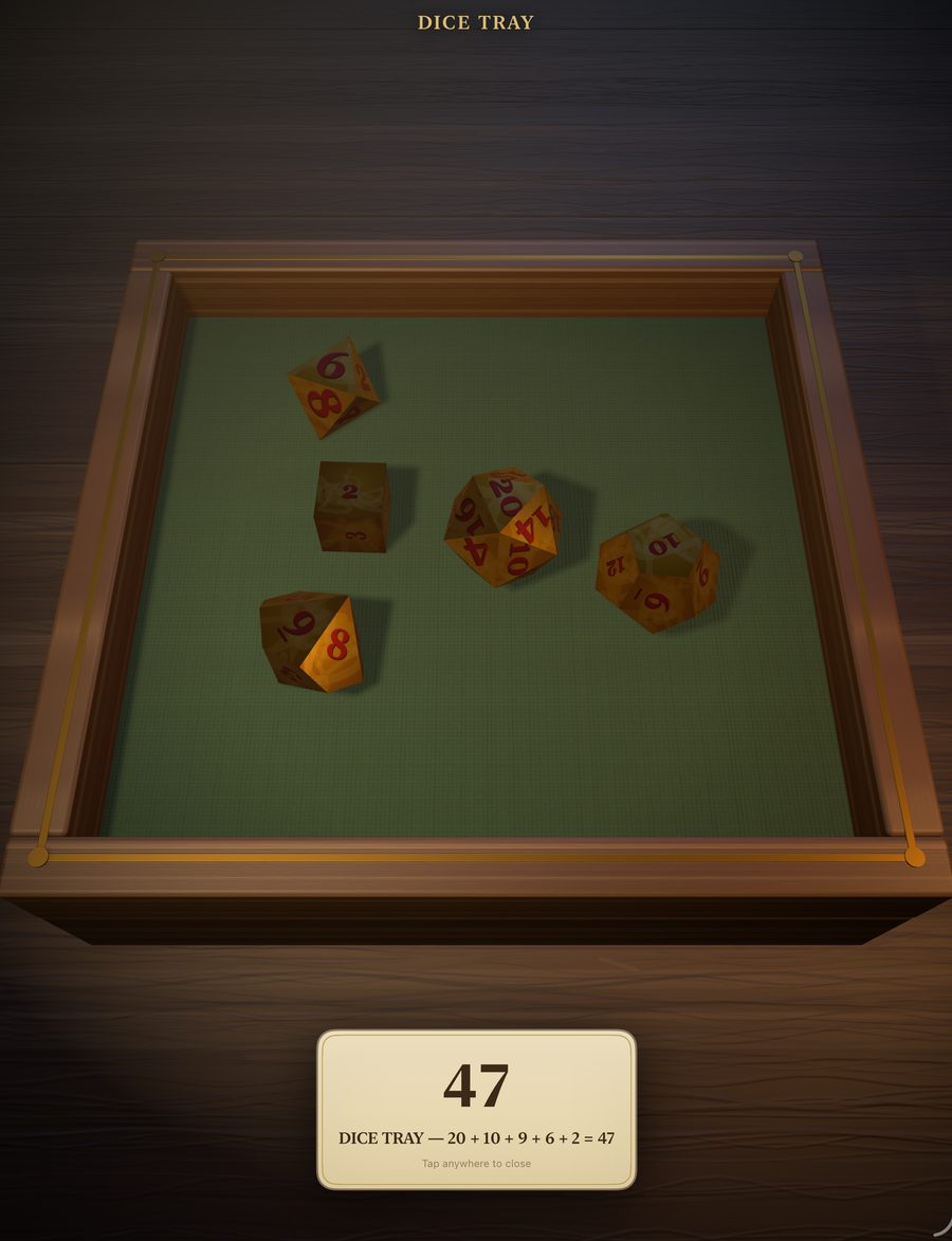 A three-dimensional dice tray with polyhedral dice coming to rest on green felt.