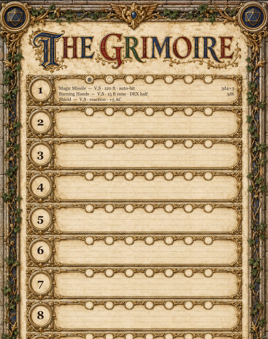 The Grimoire page, listing spells by level.
