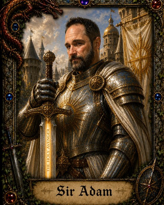 Sir Adam, a human paladin in battered plate before a castle, holding a golden sword named the Holy Avenger.