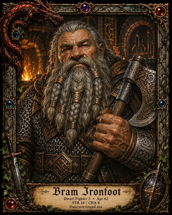 Bram Ironfoot, an older dwarf fighter with a braided grey beard and a war axe.