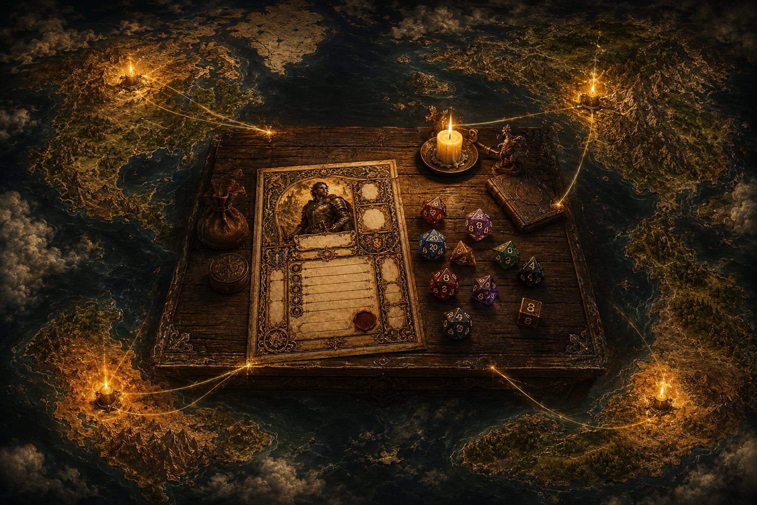 An open folio on a wooden table beside a candle, a coin pouch and a spill of polyhedral dice.