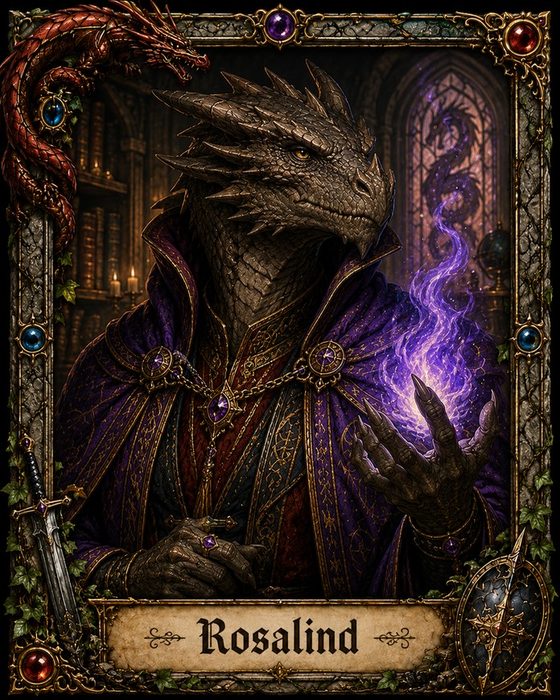 Rosalind, a dragonborn sorcerer holding violet flame.