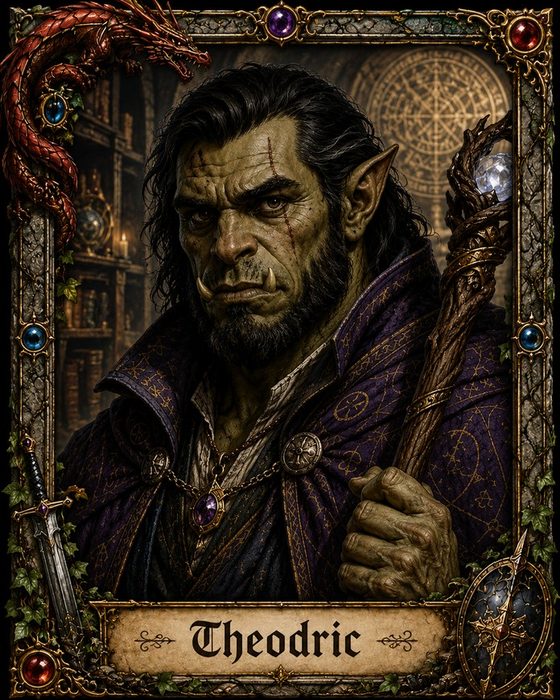 Theodric, a half-orc wizard in a library holding a crystal-topped staff.