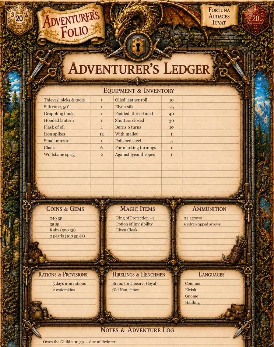 The Adventurer's Ledger page: equipment, coins and gems, magic items, and an adventure log.