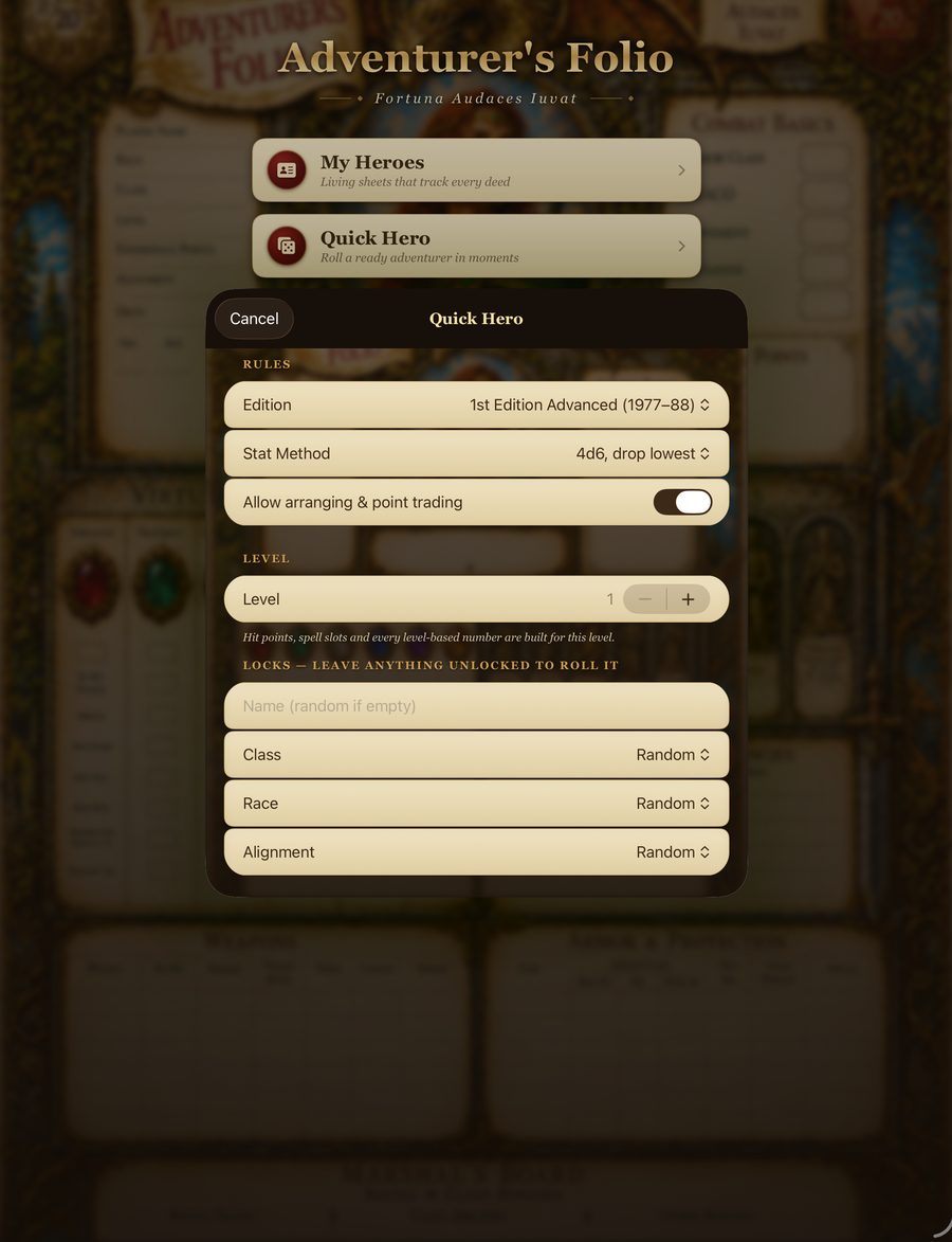 The Quick Hero screen, with controls for edition, stat method and level.