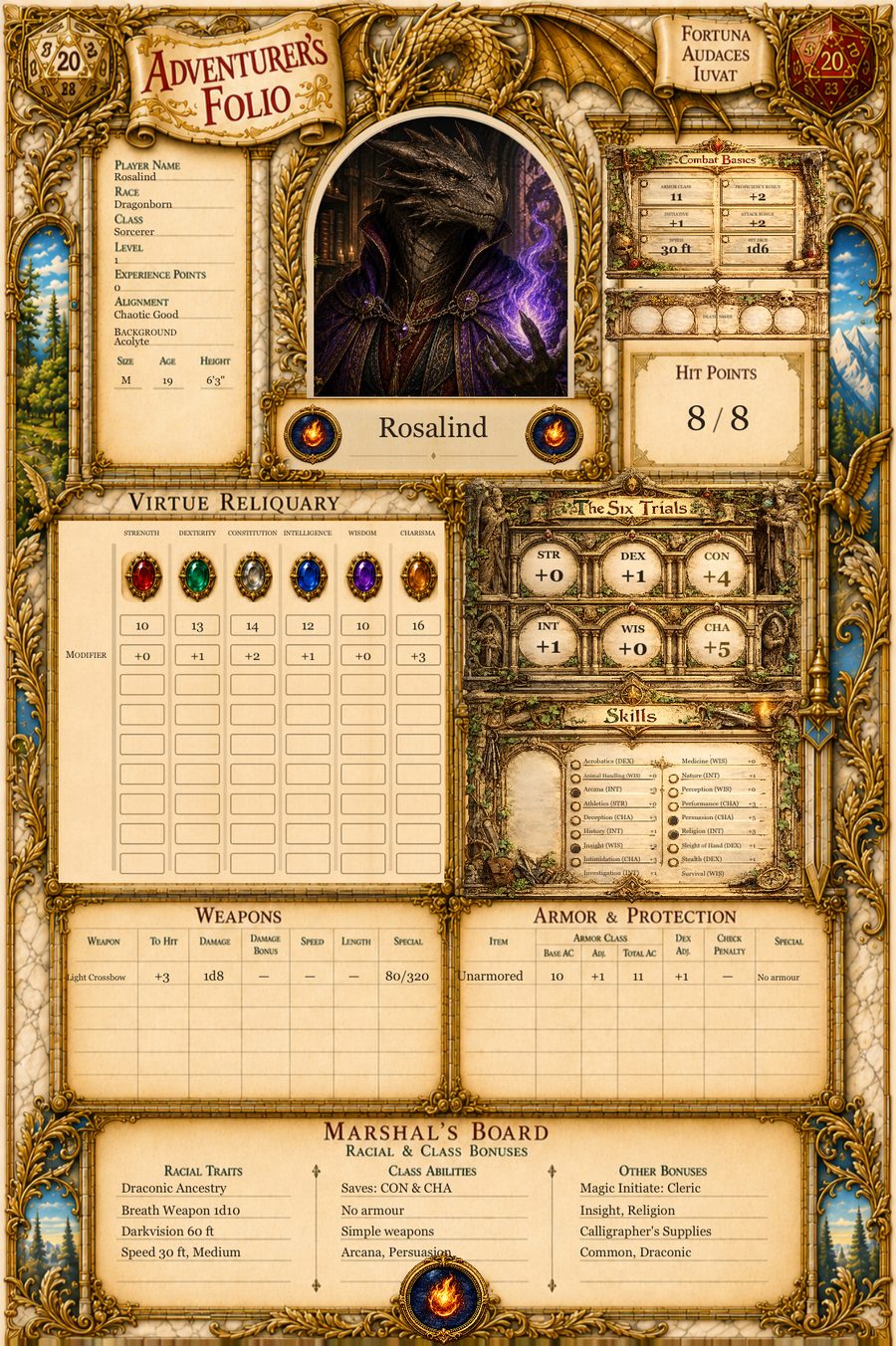 A 2024-revision character sheet: six ability modifiers, the Six Trials, a skills panel, and a Marshal's Board of racial and class bonuses.