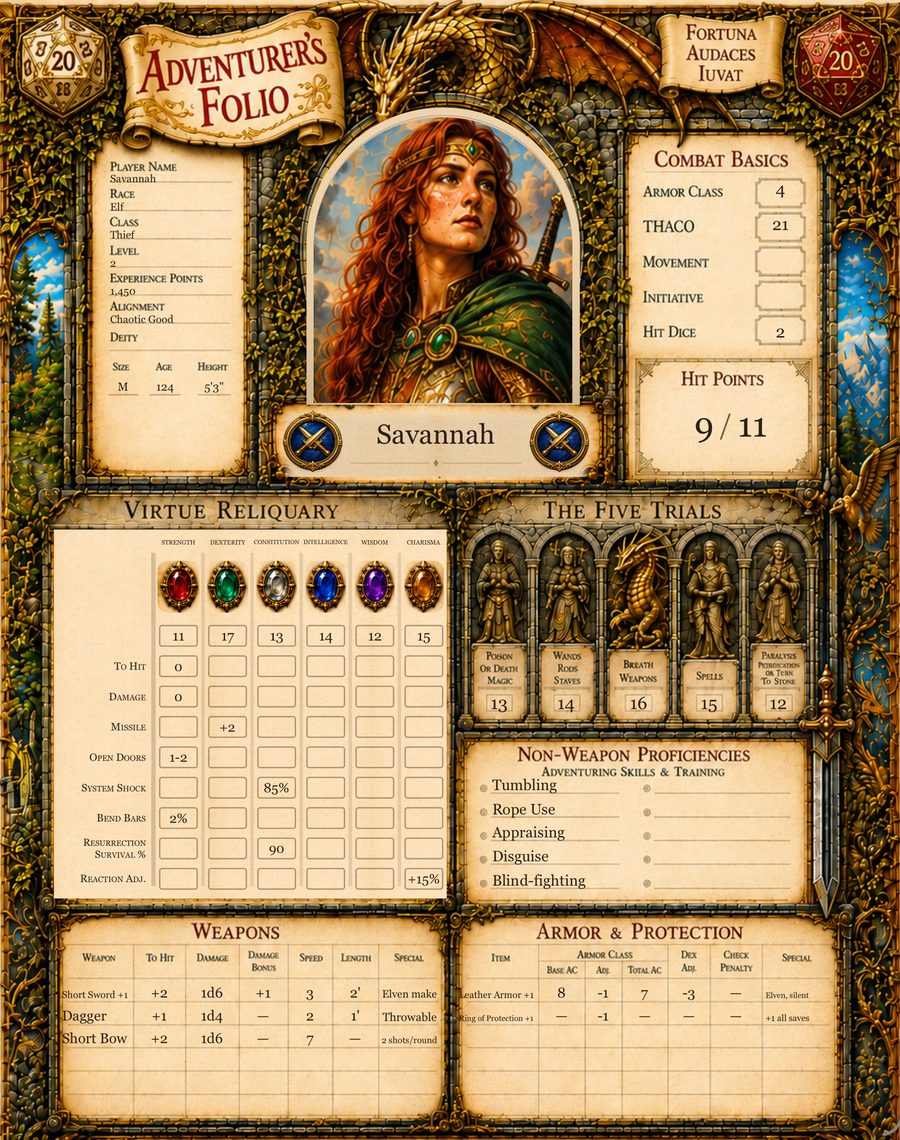 A character sheet painted as an illuminated manuscript, with a portrait in an arched window and the character's numbers typeset into the page.